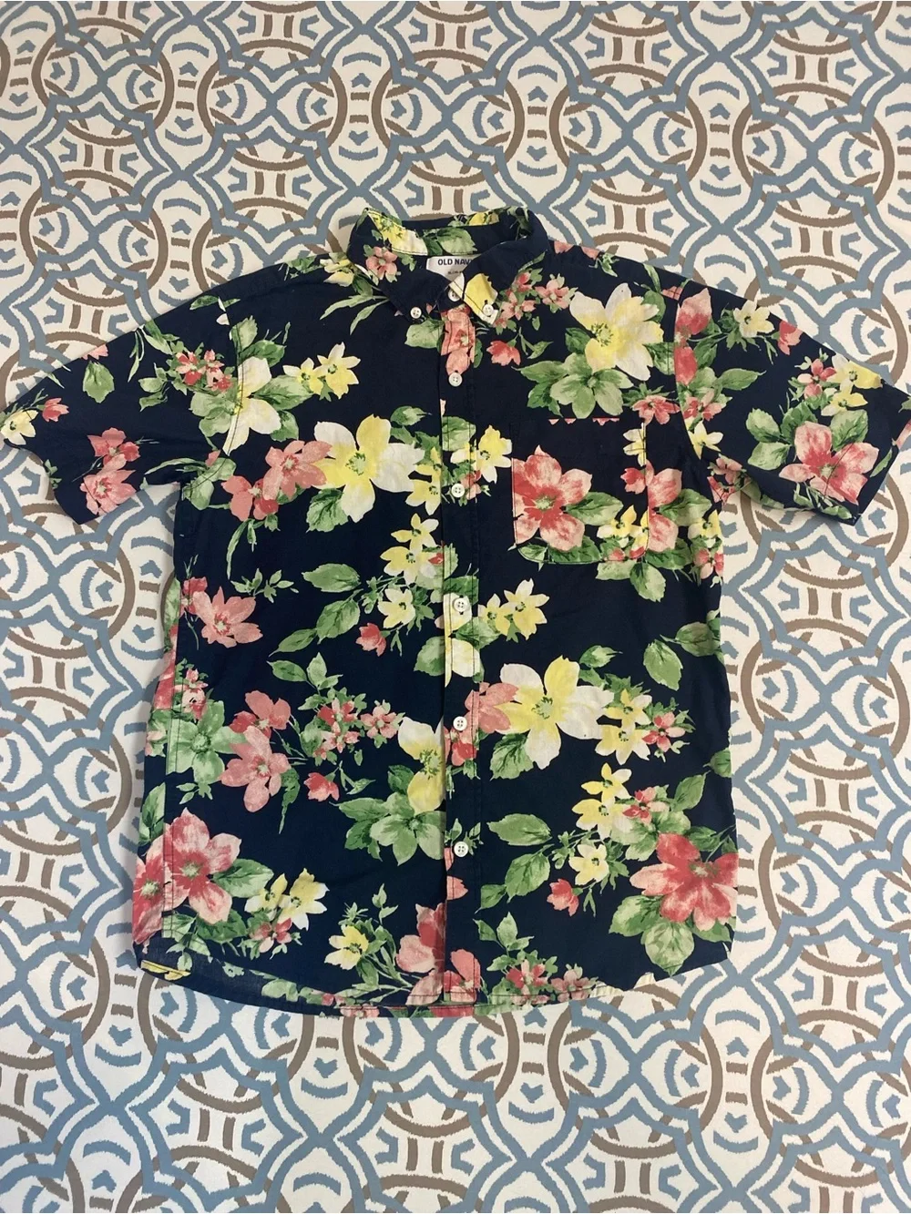 Boys Short-Sleeve Floral Button-Up Shirt - Black with Multi-Color Flowers